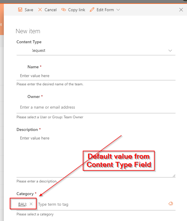 A SharePoint List Item with Managed Metadata Field default value